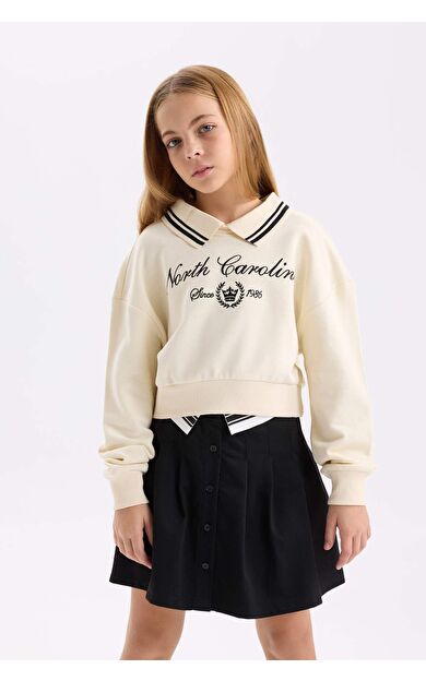 DeFacto Kız Çocuk Relax Fit Polo Yaka Slogan Baskılı Sweatshirt D0702A824AUER83