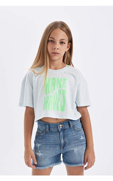 DeFactoFit Kız Çocuk Full Crop Bisiklet Yaka Slogan Baskılı Kısa Kollu Tişört D0869A824HSBE738