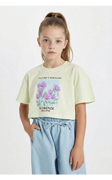 DeFacto DeFactoFit Kız Çocuk Crop Bisiklet Yaka Baskılı Kısa Kollu Tişört D0869A824HSGN653