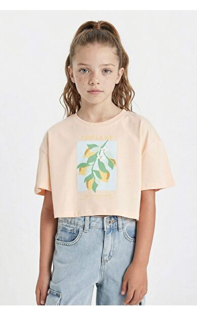 DeFacto DeFactoFit Kız Çocuk Crop Bisiklet Yaka Baskılı Kısa Kollu Tişört D0869A824HSOG90