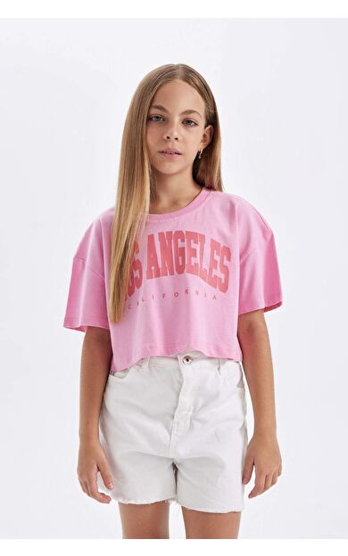 DeFactoFit Kız Çocuk Full Crop Bisiklet Yaka Slogan Baskılı Kısa Kollu Tişört D0869A824HSPN253