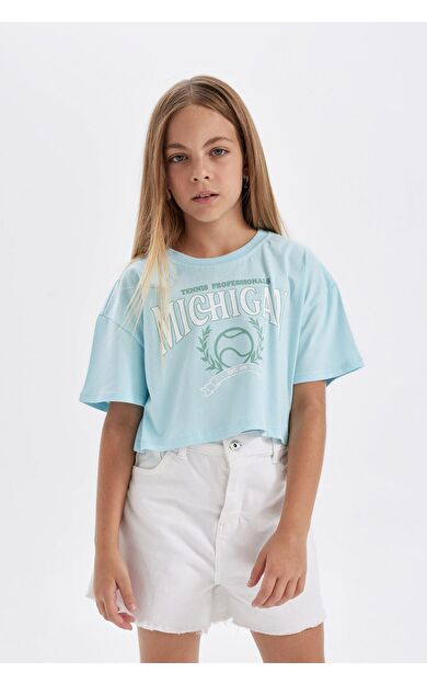 DeFacto DeFactoFit Kız Çocuk Full Crop Bisiklet Yaka Slogan Baskılı Kısa Kollu Tişört D0869A824HSTR400