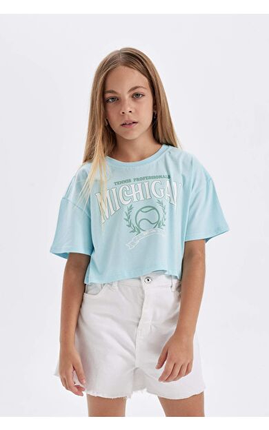 DeFacto DeFactoFit Kız Çocuk Full Crop Bisiklet Yaka Slogan Baskılı Kısa Kollu Tişört D0869A824HSTR400