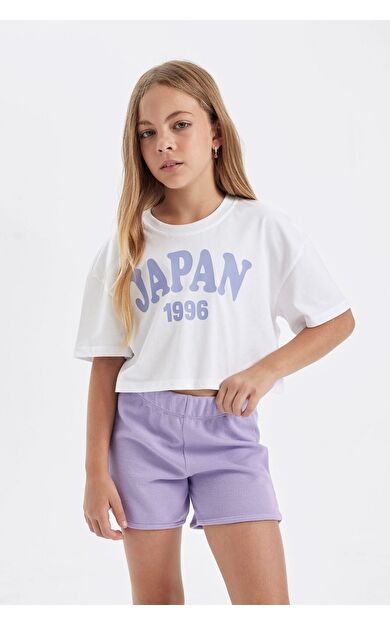 DeFacto DeFactoFit Kız Çocuk Crop Bisiklet Yaka Baskılı Kısa Kollu Tişört D0869A824HSWT34