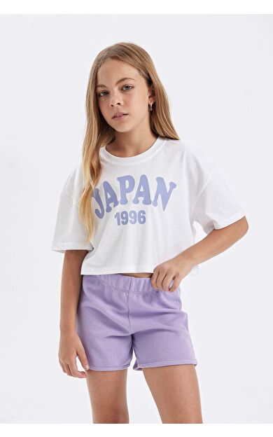 DeFactoFit Kız Çocuk Crop Bisiklet Yaka Baskılı Kısa Kollu Tişört D0869A824HSWT34