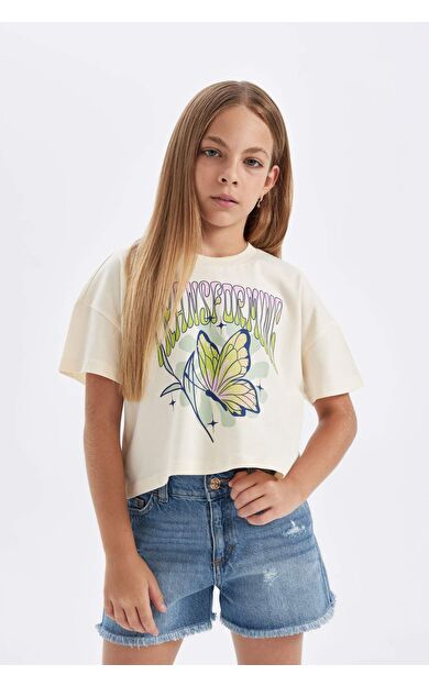 DeFactoFit Kız Çocuk Bisiklet Yaka Slogan Baskılı Kısa Kollu Tişört D0870A824HSER99