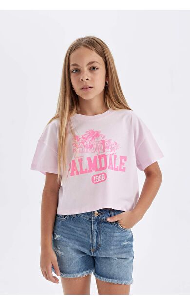 DeFactoFit Kız Çocuk Bisiklet Yaka Slogan Baskılı Kısa Kollu Tişört D0870A824HSPN343