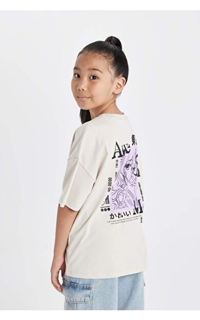 DeFacto DeFactoFit Kız Çocuk Oversize Fit Bisiklet Yaka Baskılı Kısa Kollu Tişört D0871A824HSBG757