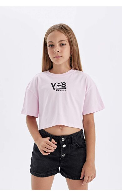 DeFactoFit Kız Çocuk Full Crop Bisiklet Yaka Slogan Desenli Kısa Kollu Tişört