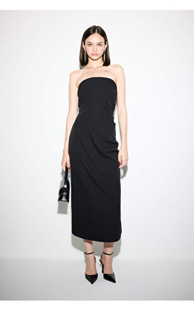Bodycon Straplez Siyah Midi Elbise
