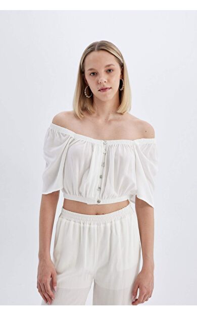 DeFactoFit Regular Fit Kare Yaka Krinkıl Viskon Kısa Kollu Bluz