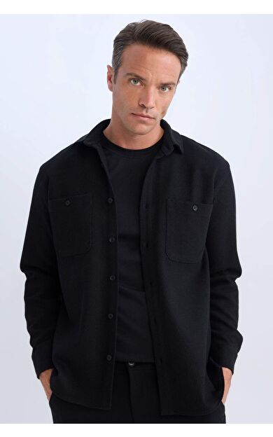 DeFacto Relax Fit Polo Yaka Flanel Uzun Kollu Gömlek D1061AX24WNBK81