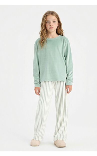 DeFacto Kız Çocuk Pijama Takımı Polar Uzun Kollu Üst Çizgili Uzun Alt