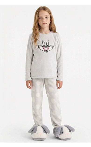 DeFacto Kız Çocuk Looney Tunes Pijama Takımı Nakışlı Pelüş Uzun Kollu Üst Uzun Alt
