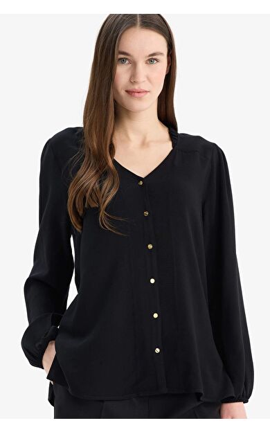 DeFacto Regular Fit Apaş Yaka Basic Düz Düğmeli Uzun Kollu Gömlek