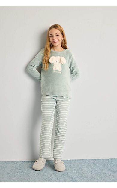 Kız Çocuk Pijama Takımı Polar Uzun Kollu Üst Uzun Alt
