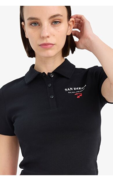 DeFacto Coool Fitted Polo Yaka Slogan Desenli Ribana Kısa Kollu Tişört