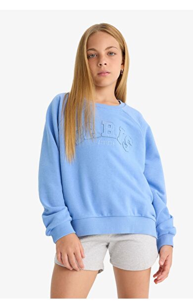 DeFacto Kız Çocuk Pembe Oversize Fit Geniş Kalıp Bisiklet Yaka Slogan Baskılı Sweatshirt