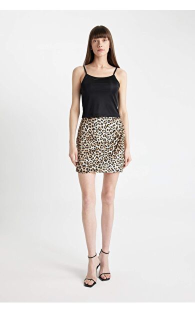 DeFacto Leopar Desenli Normal Bel Saten Mini Etek