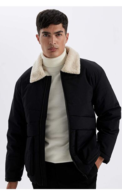 DeFacto Slim Fit Fermuarlı Mont Dar Kesim Polo Suni Kürk Yaka Cepli