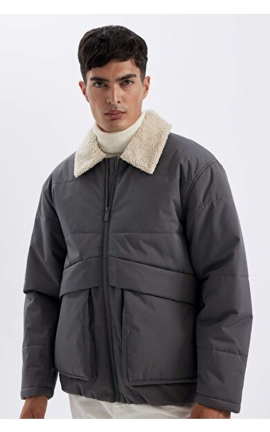 Slim Fit Fermuarlı Mont Dar Kesim Polo Suni Kürk Yaka Cepli