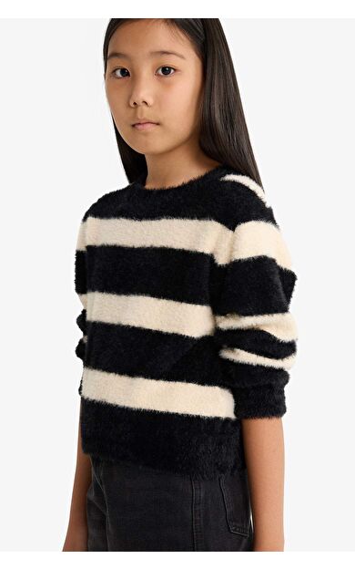 Kız Çocuk Bisiklet Yaka Çizgili Triko Kazak