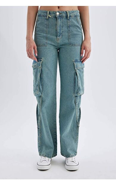 DeFacto Wide Leg Kargo Yüksek Bel Uzun Jean Yıkamalı Pantolon