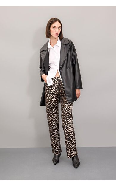 DeFacto Straight Fit Leopar Desenli Yüksek Bel Uzun Gabardin Pantolon D1229AX24AUBG303