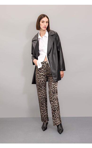 DeFacto Straight Fit Leopar Desenli Yüksek Bel Uzun Gabardin Pantolon D1229AX24AUBG303