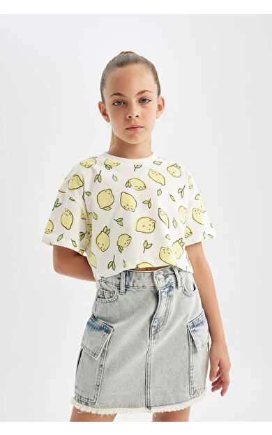 DeFactoFit Kız Çocuk Full Crop Bisiklet Yaka Meyve Desenli Kısa Kollu Tişört