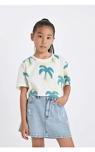 DeFactoFit Kız Çocuk Crop Bisiklet Yaka Desenli Kısa Kollu Tişört D1288A824HSER238