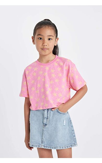 DeFacto DeFactoFit Kız Çocuk Crop Bisiklet Yaka Desenli Kısa Kollu Tişört D1288A824HSPN46