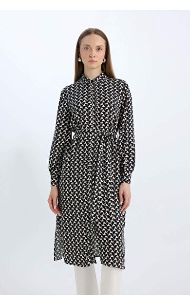 Regular Fit Desenli Kuşaklı Uzun Kollu Gömlek Tunik