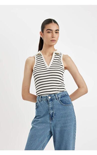 DeFactoFit Slim Fit Çizgili Polo Yaka Fitilli Kaşkorse Atlet