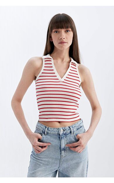DeFacto Slim Fit Çizgili Polo Yaka Fitilli Kaşkorse Atlet