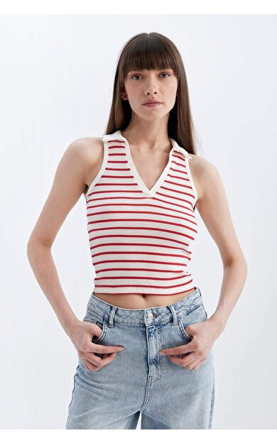 DeFacto Slim Fit Çizgili Polo Yaka Fitilli Kaşkorse Atlet