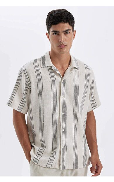DeFactoFit Relax Fit Polo Yaka Çizgili Kısa Kollu Gömlek