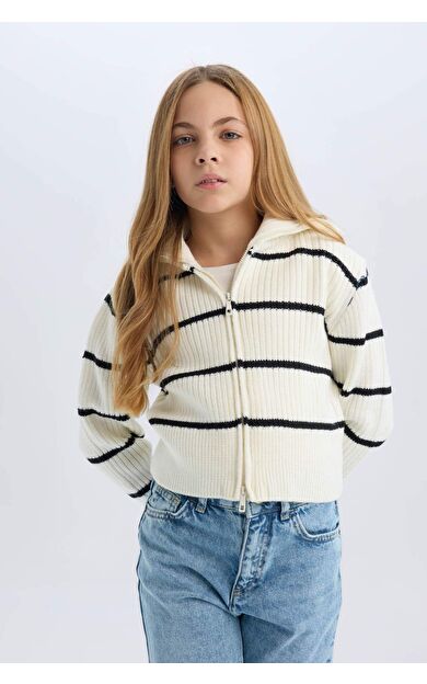 DeFacto Kız Çocuk Çizgili Fermuarlı Triko Hırka