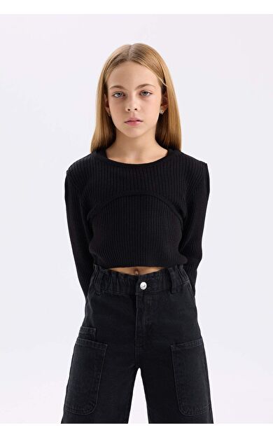 DeFacto Kız Çocuk Fitted Bisiklet Yaka Triko Siyah Kazak