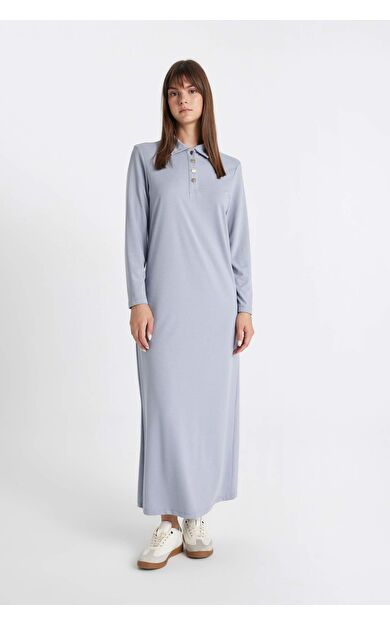 DeFacto Regular Fit Polo Yaka Uzun Kollu Pike Maxi Elbise
