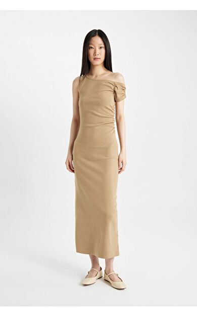 Bodycon Tek Omuzlu Ribana Kısa Kollu Midi Elbise