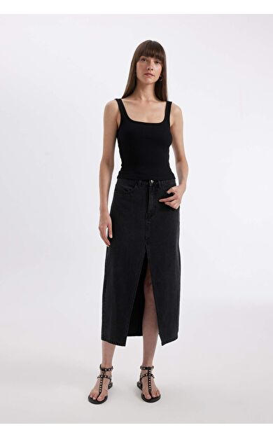 DeFacto Long  Fit Yırtmaçlı Jean Midi Etek