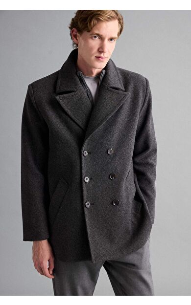 Slim Fit Dar Kesim Düğmeli Cepli Astarlı Kaşe Kaban Parka