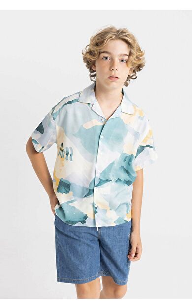 DeFacto DeFactoFit Erkek Çocuk Oversize Fit Polo Yaka Viskon Kısa Kollu Gömlek D1522A824HSGN1226