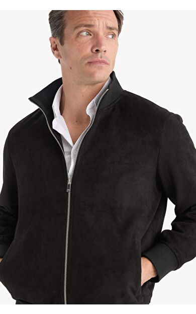 Slim Fit Dar Kesim Dik Yaka Fermuarlı Süet Mont D1524AX25AUBK27