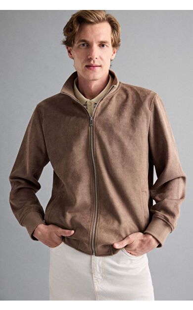 Slim Fit Dar Kesim Dik Yaka Fermuarlı Süet Mont D1524AX25AUBN267