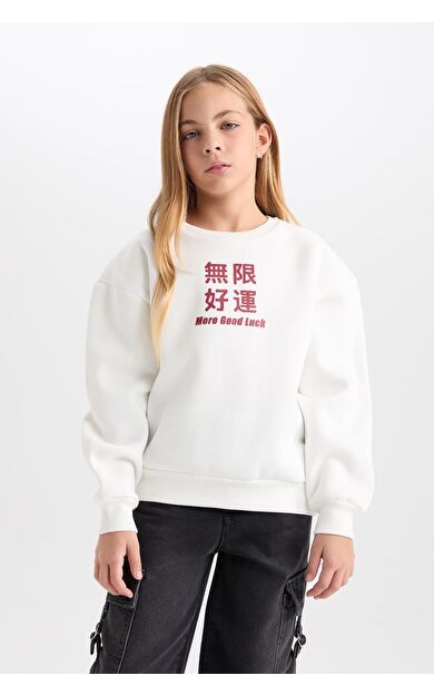 DeFacto Kız Çocuk Relax Fit Bisiklet Yaka Slogan Baskılı Sweatshirt D1564A824WNWT32