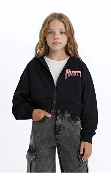 DeFacto Kız Çocuk Baskılı Kapüşonlu İçi Yumuşak Tüylü Fermuarlı Sweatshirt D1569A824WNBK81