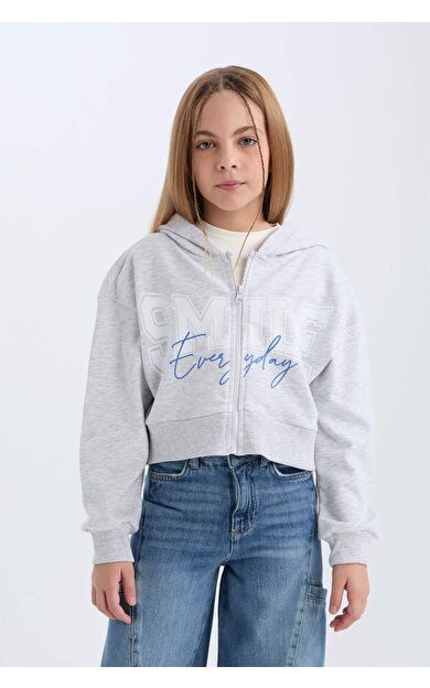 DeFacto Kız Çocuk Baskılı Kapüşonlu İçi Yumuşak Tüylü Fermuarlı Sweatshirt D1569A824WNGR421