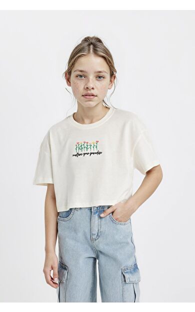 DeFacto DeFactoFit Kız Çocuk Crop Bisiklet Yaka Çiçekli Kısa Kollu Tişört D1593A824HSER99